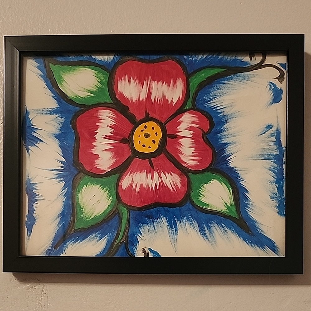Framed Floral Wall Art - Red and Blue (Painted By A Hells Angel!)